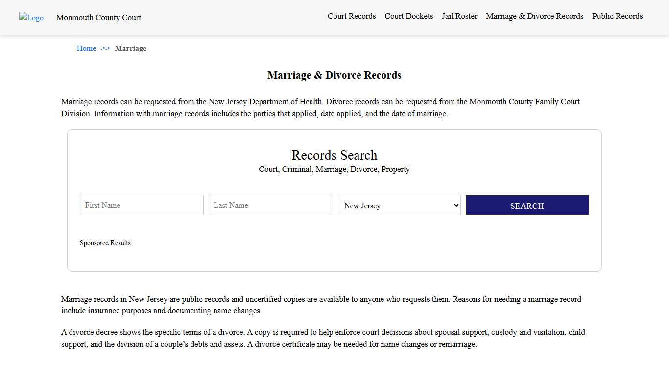 Marriage & Divorce Records | Monmouth County Court